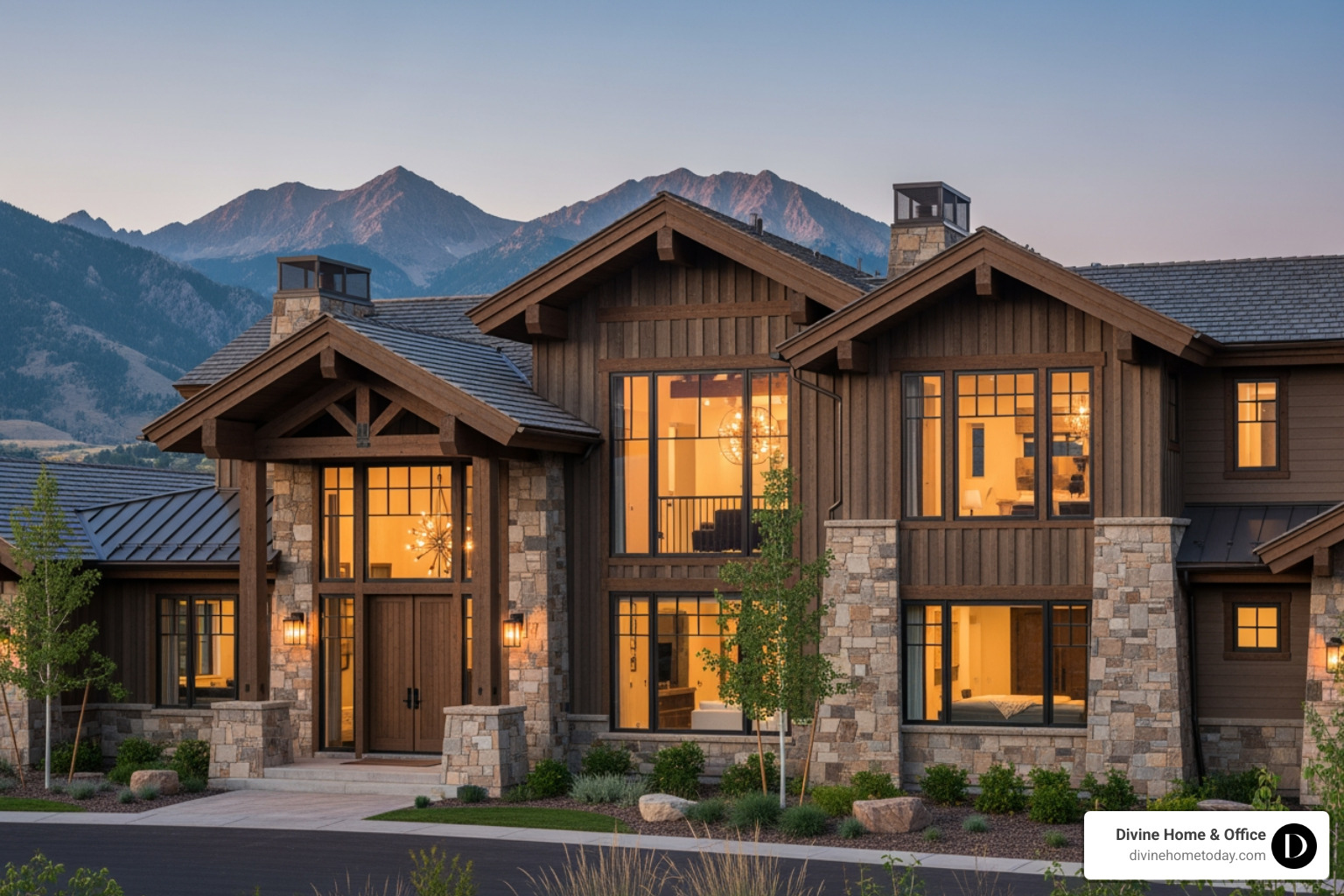 Million-dollar Colorado mountain home exterior with timber and stone facade, large windows, warm natural lighting, modern