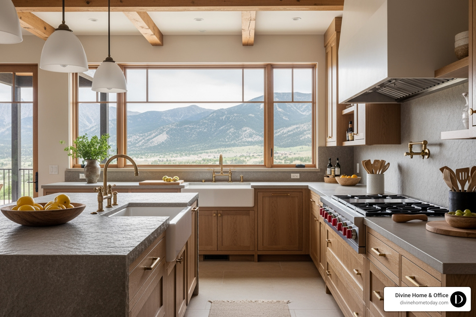 High-end modern mountain kitchen in a million-dollar Denver home, stone countertops, natural wood cabinetry, brass hardware