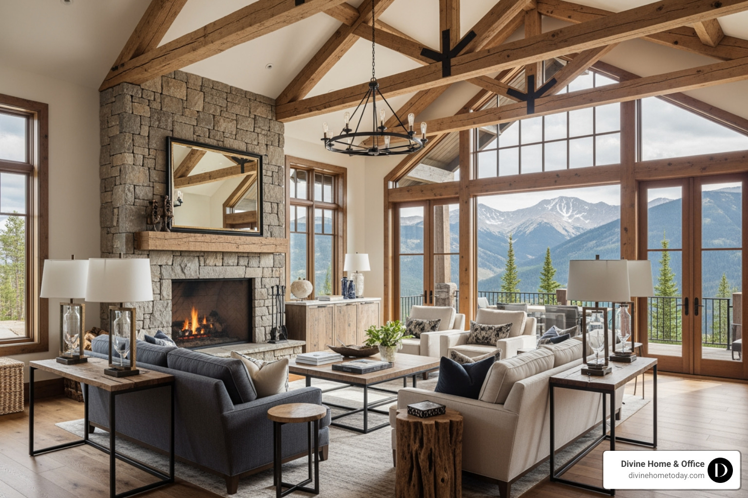 Luxury Colorado mountain living room with stone fireplace, timber beams, warm wood floors, natural textures