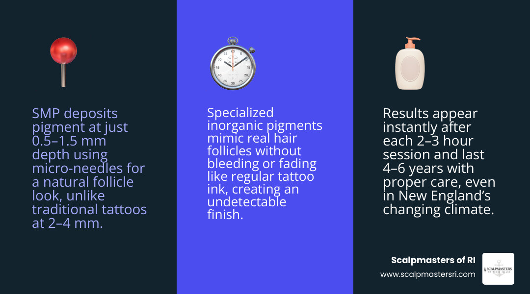 Infographic comparing scalp micropigmentation vs traditional tattoo: depth, needle size, pigment, longevity infographic Infographic comparing scalp micropigmentation vs traditional tattoo: depth, needle size, pigment, longevity infographic