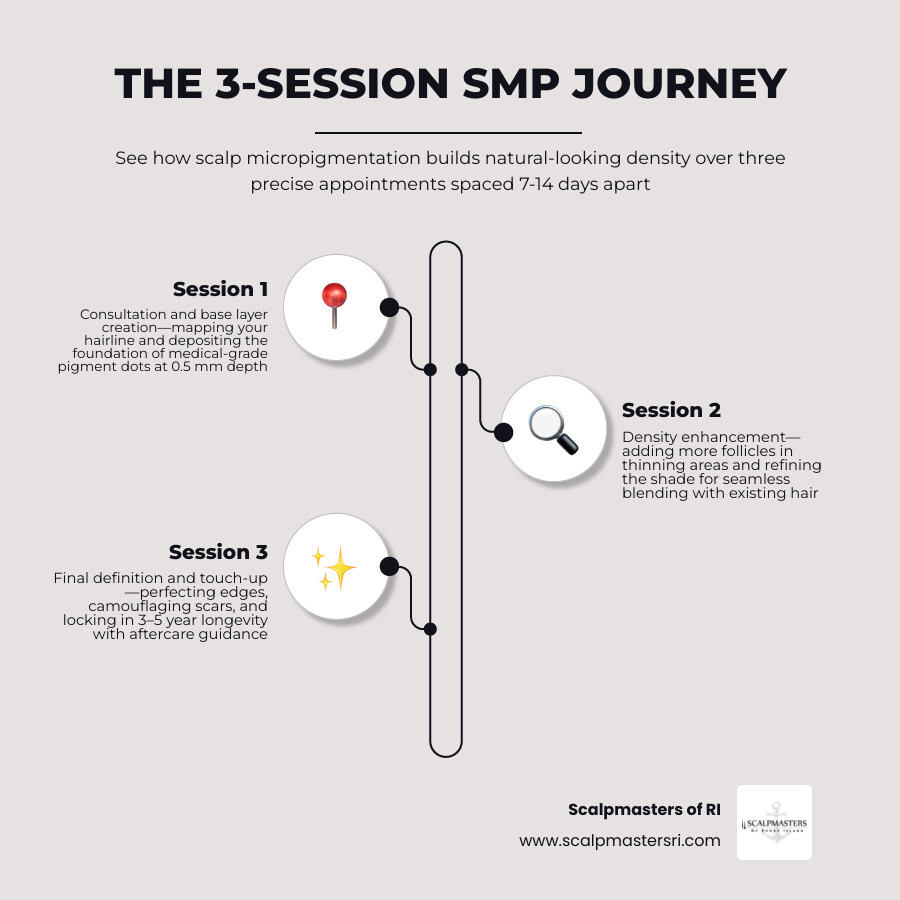 Infographic showing the 3-session SMP process steps, longevity, and key benefits at a glance infographic Infographic showing the 3-session SMP process steps, longevity, and key benefits at a glance infographic