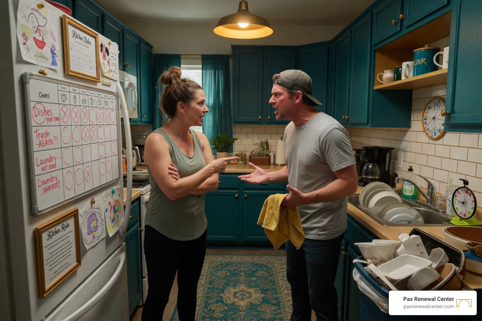 Couple arguing over household chores in a kitchen Couple arguing over household chores in a kitchen