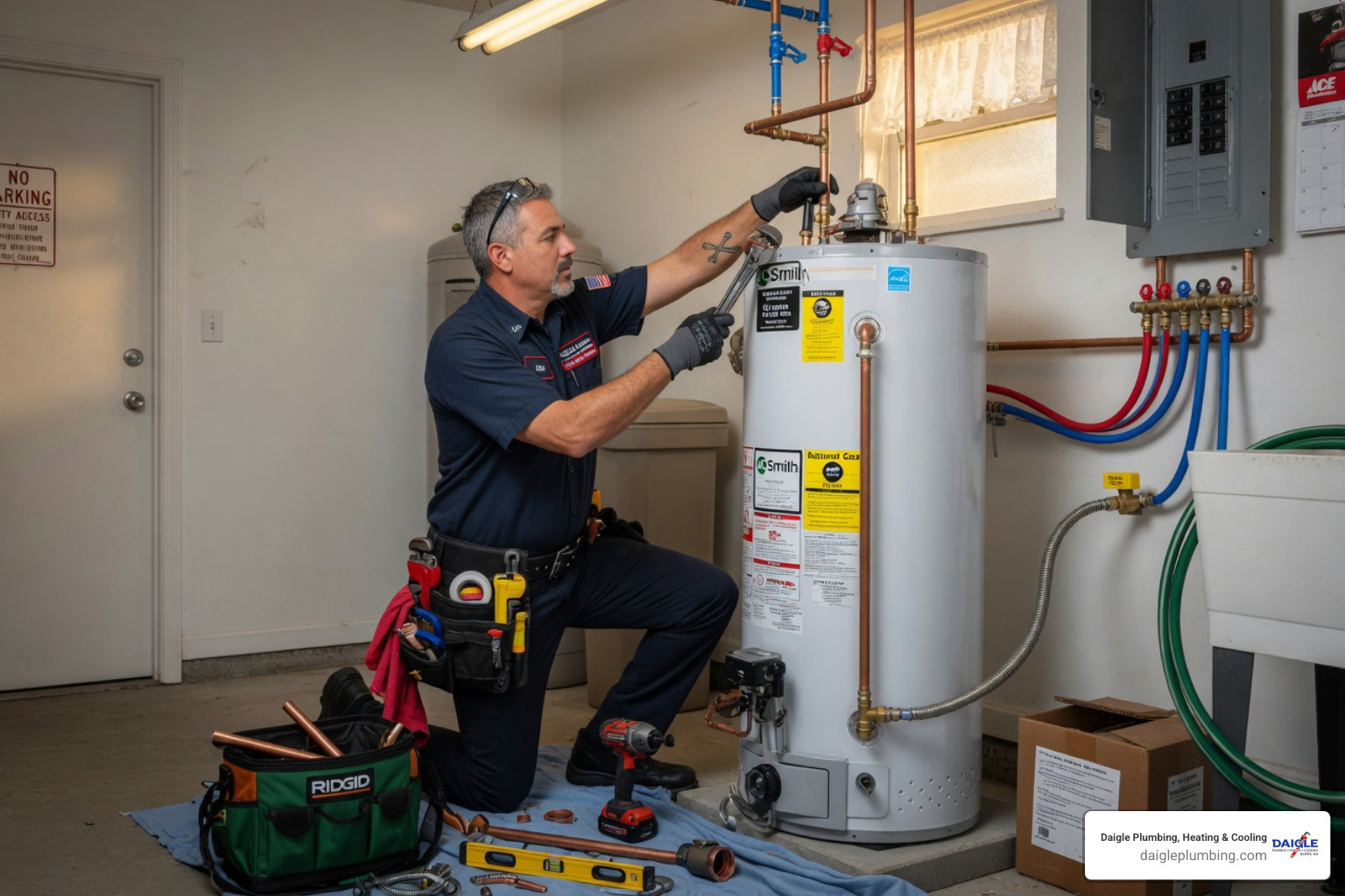 Plumber installing a thermal expansion tank - new water heater cost and installation Plumber installing a thermal expansion tank - new water heater cost and installation