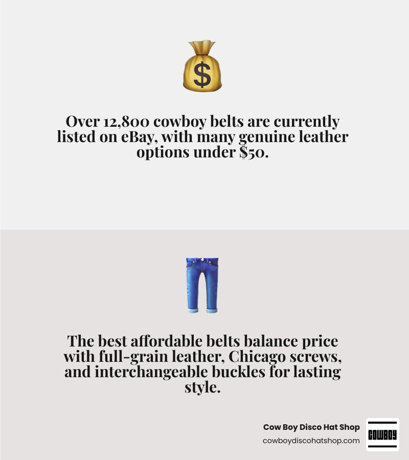 Infographic showing anatomy of a cowboy belt, price tiers, and top budget picks under $50 infographic Infographic showing anatomy of a cowboy belt, price tiers, and top budget picks under $50 infographic