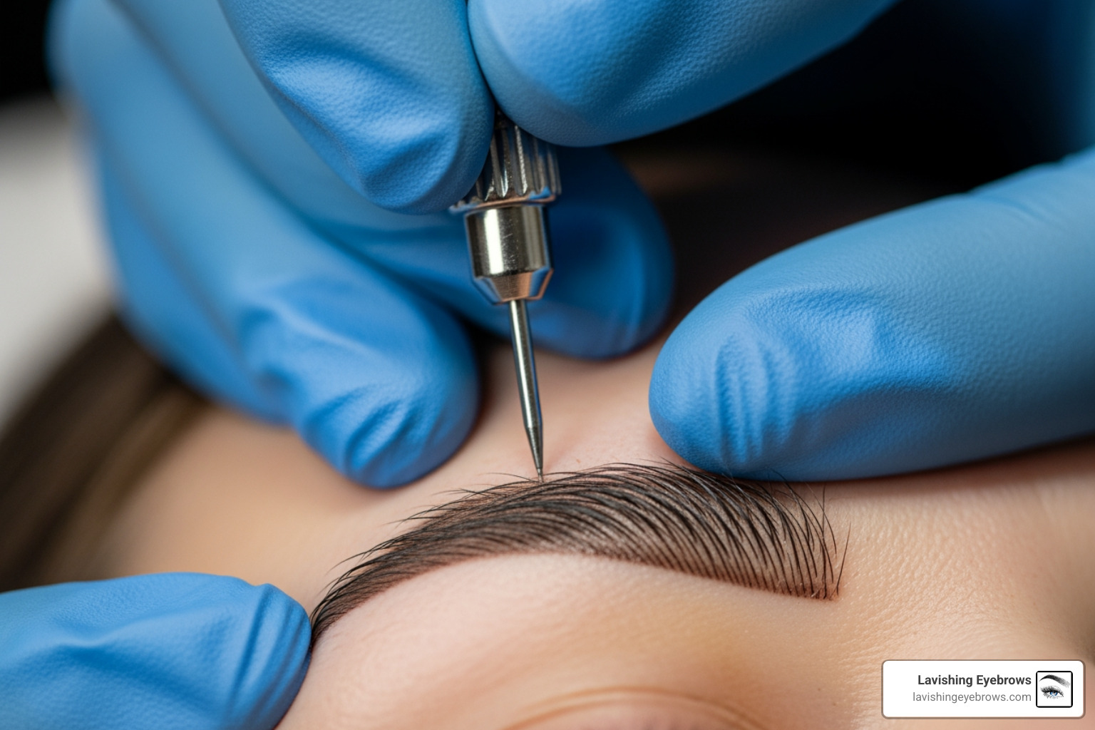 Microblading hand tool creating manual hair strokes on a client