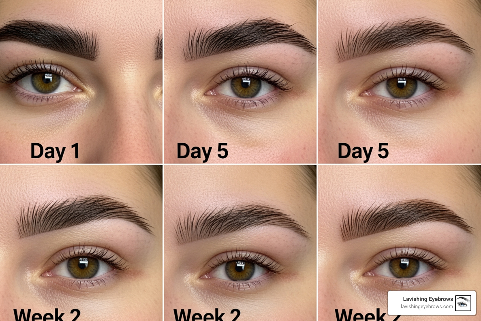 Step-by-step microblading healing stages from Day 1 to Week 6