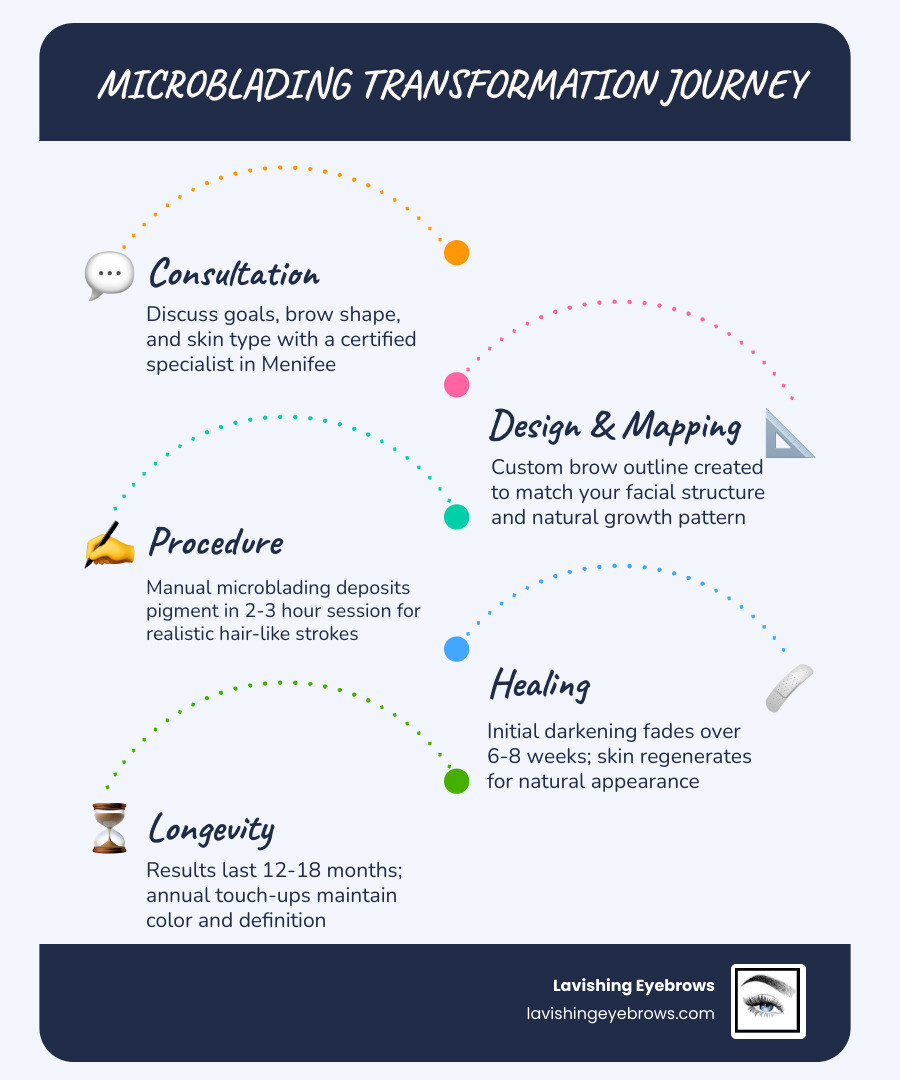 Microblading brow transformation journey infographic showing before/after stages, cost range, and healing timeline