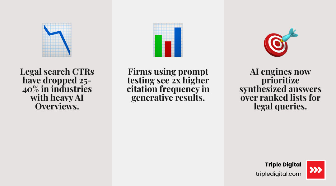 Statistics showing the impact of AI Overviews on legal search click-through rates infographic Statistics showing the impact of AI Overviews on legal search click-through rates infographic