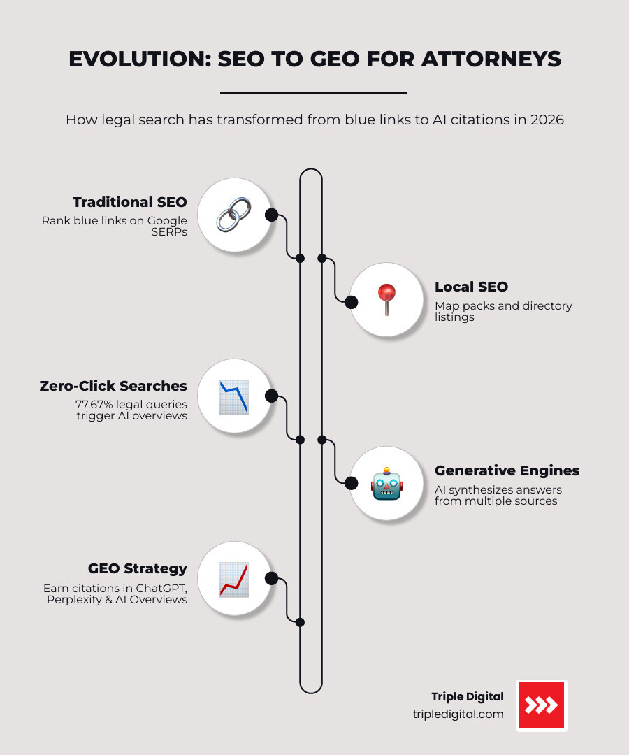 Evolution from traditional SEO to GEO strategy for attorneys showing key milestones and signals infographic Evolution from traditional SEO to GEO strategy for attorneys showing key milestones and signals infographic