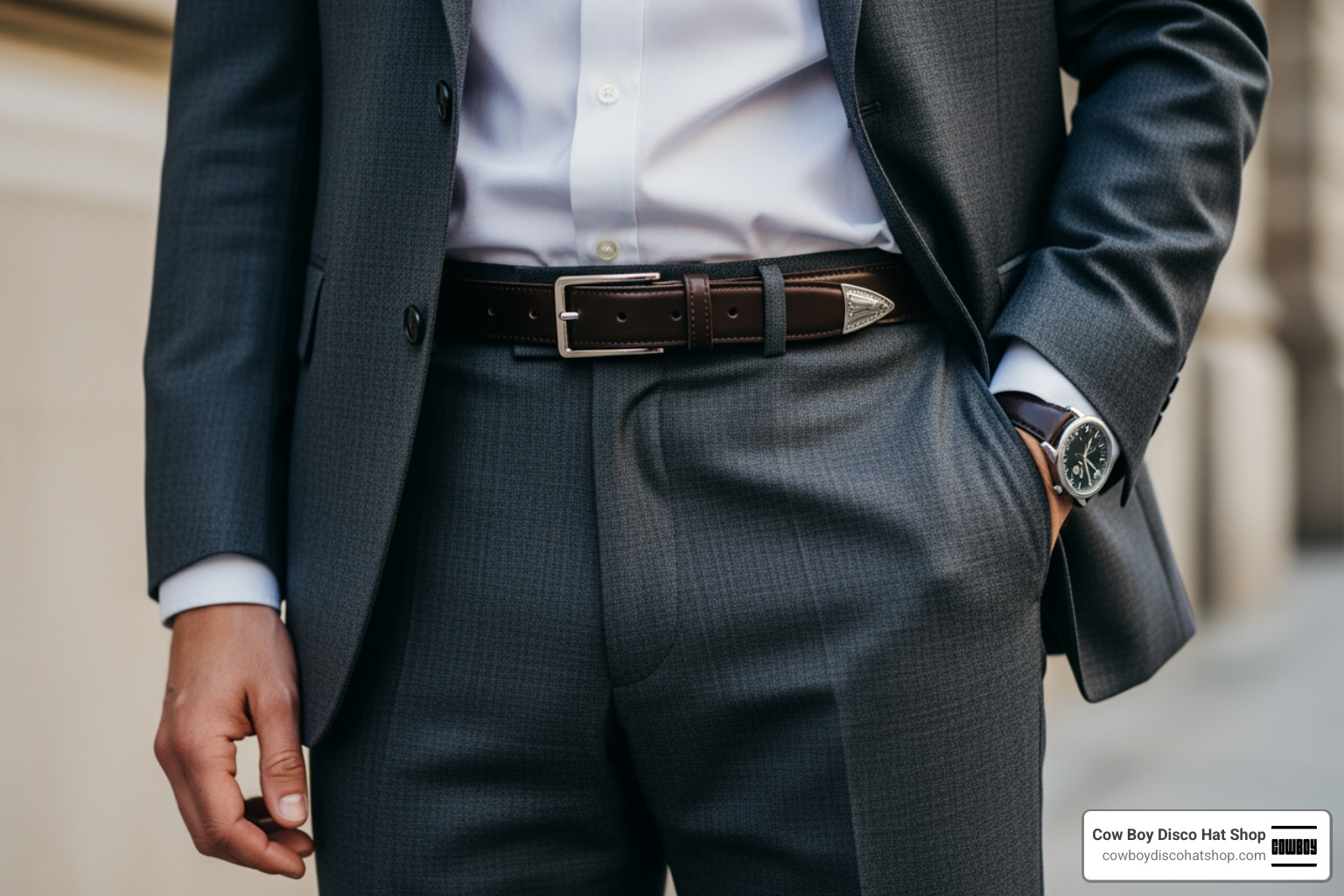 A man wearing a slim, minimal western belt with a modern charcoal suit