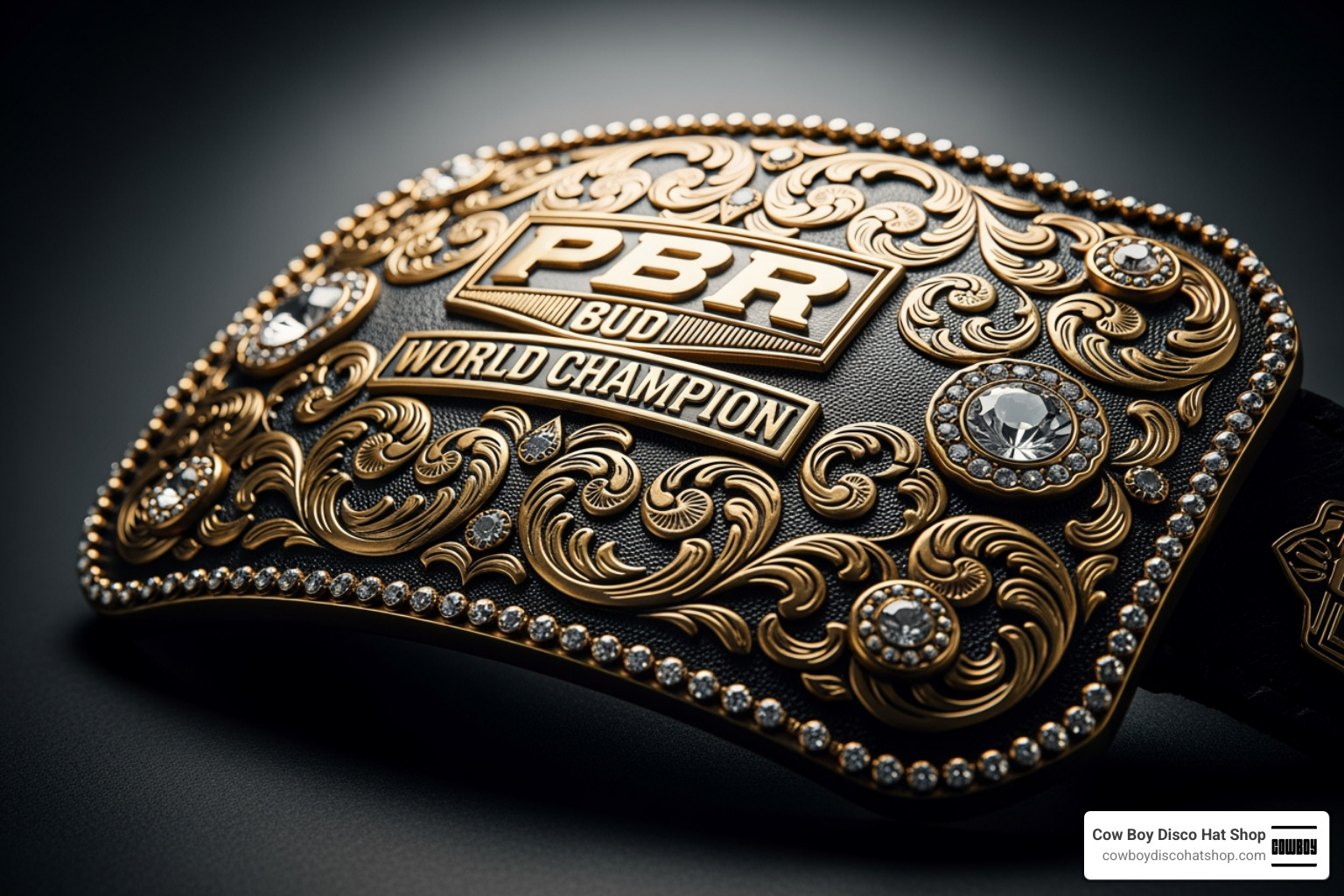 A gold PBR World Champion buckle featuring intricate scrollwork and gemstones