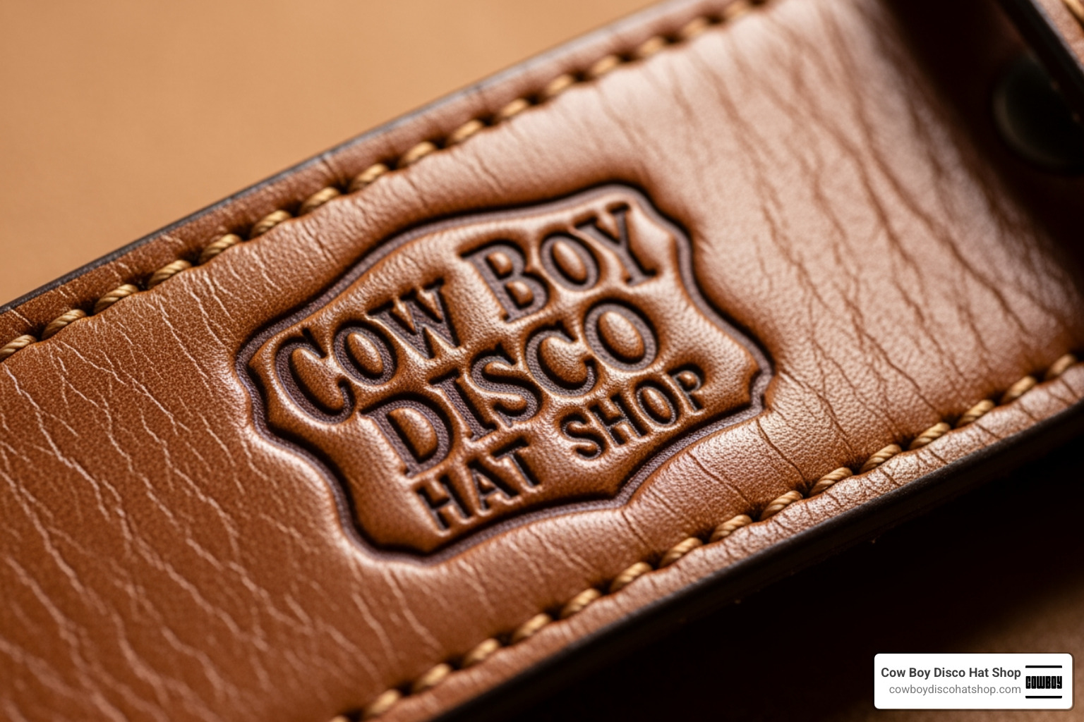 Close-up of a debossed logo on a premium leather belt strap Close-up of a debossed logo on a premium leather belt strap