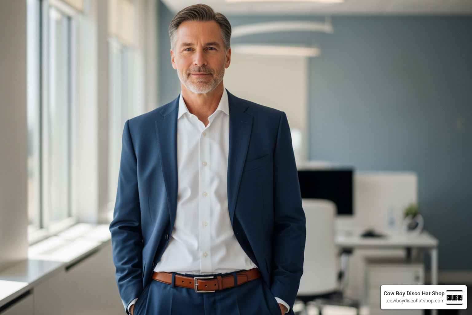 A corporate executive wearing a branded western belt with professional attire A corporate executive wearing a branded western belt with professional attire