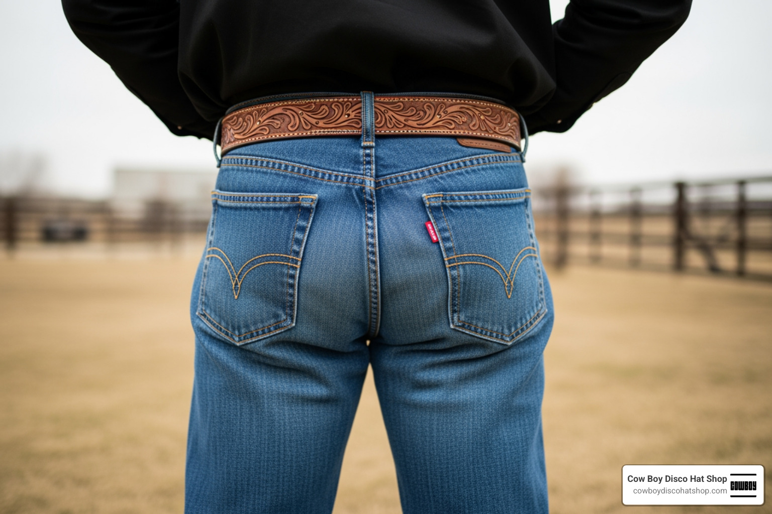 Cowboy pairing a hand-tooled leather belt with classic bootcut jeans and a pearl snap shirt