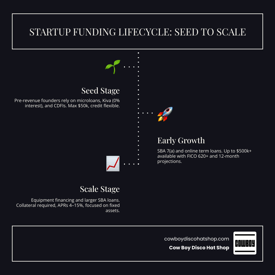 Startup funding lifecycle infographic from seed stage to scale showing loan types, amounts, and credit requirements Startup funding lifecycle infographic from seed stage to scale showing loan types, amounts, and credit requirements