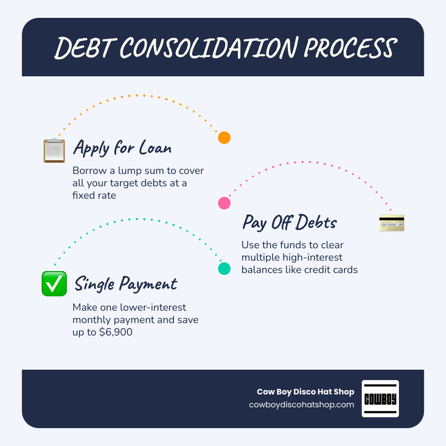 Infographic showing the debt consolidation process steps and interest savings infographic