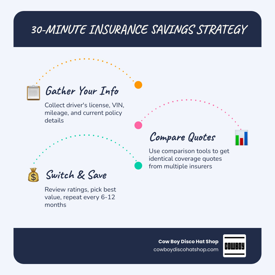 Infographic: 30-minute insurance savings strategy with steps to gather info, compare quotes, and switch infographic