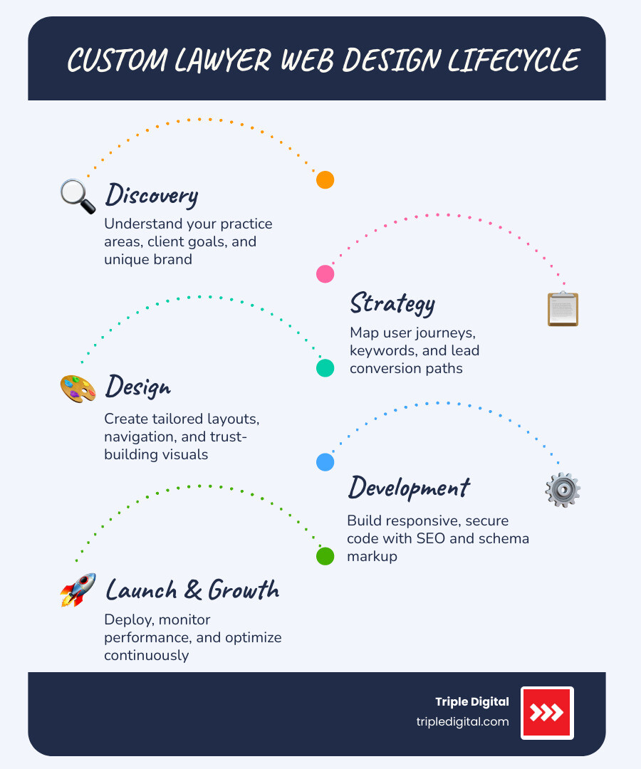 Custom lawyer web design lifecycle: discovery, strategy, design, development, launch, and growth infographic Custom lawyer web design lifecycle: discovery, strategy, design, development, launch, and growth infographic