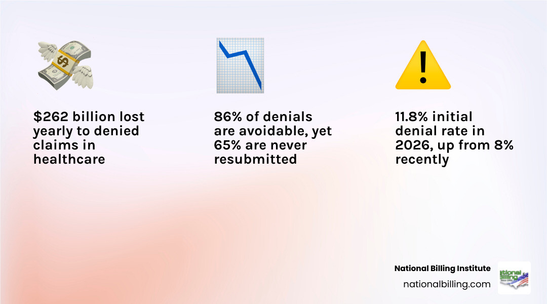 Infographic showing denial management key facts: 11.8% denial rate, $262B annual loss, 86% avoidable, 65% never resubmitted Infographic showing denial management key facts: 11.8% denial rate, $262B annual loss, 86% avoidable, 65% never resubmitted