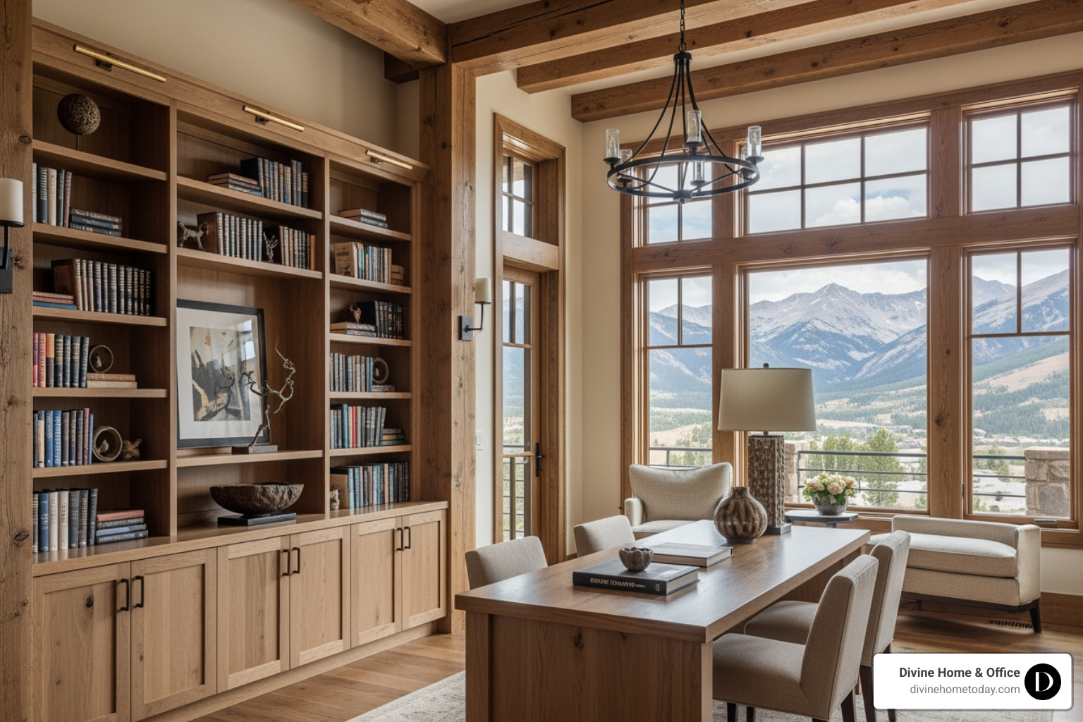 Luxury Colorado mountain library with custom-built shelving and warm wood tones