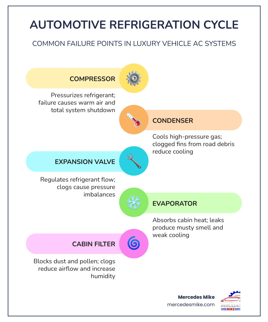 Automotive refrigeration cycle diagram showing compressor, condenser, evaporator, and common German vehicle failure points Automotive refrigeration cycle diagram showing compressor, condenser, evaporator, and common German vehicle failure points