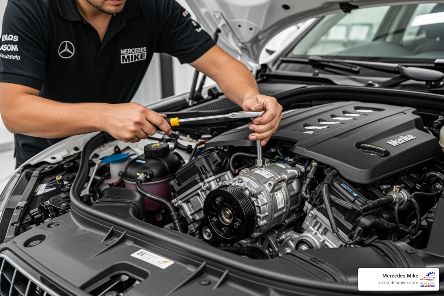 A precision-engineered German AC compressor being installed in a luxury vehicle engine bay A precision-engineered German AC compressor being installed in a luxury vehicle engine bay