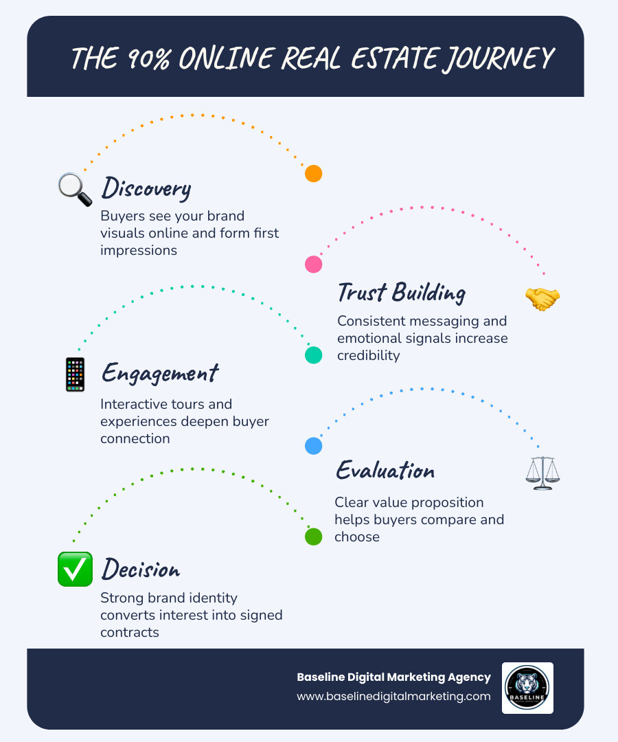 Infographic showing key elements of real estate brand identity and the 90% online home search journey infographic