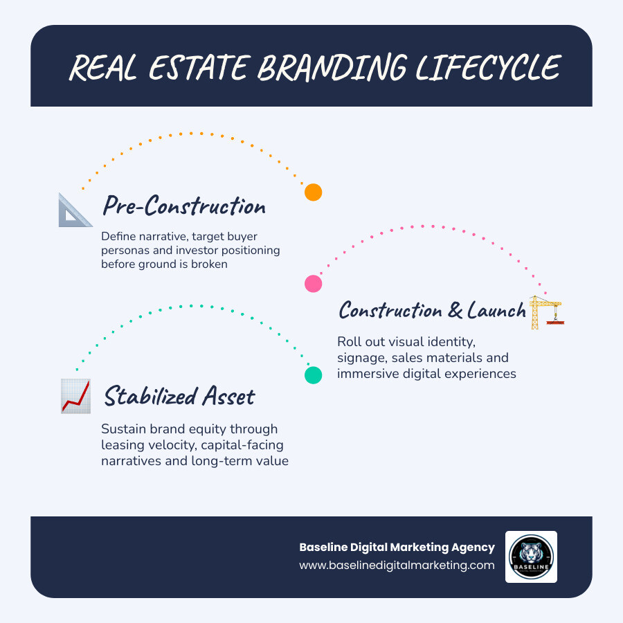 Real estate branding lifecycle infographic from pre-construction to stabilized asset with key stages infographic