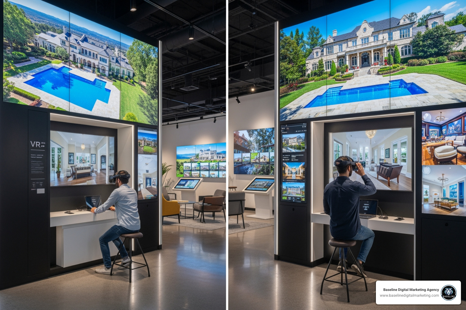 An immersive real estate showroom featuring large digital displays and a VR tour station