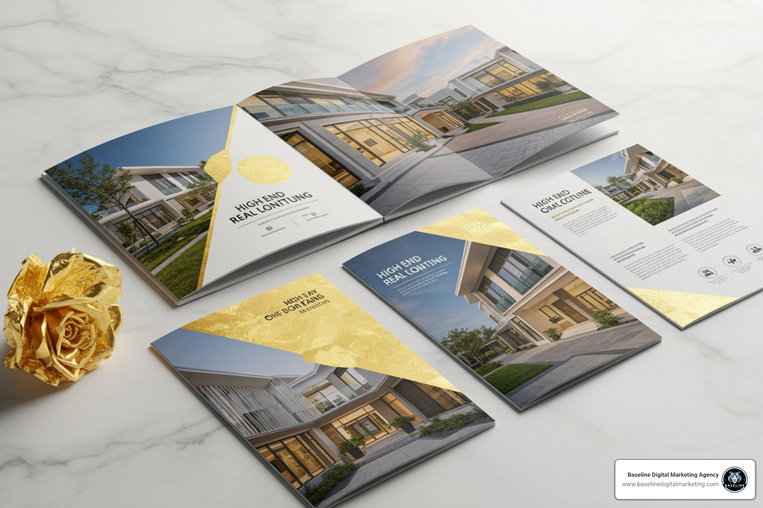 High-end real estate marketing brochures with gold foil and architectural photography