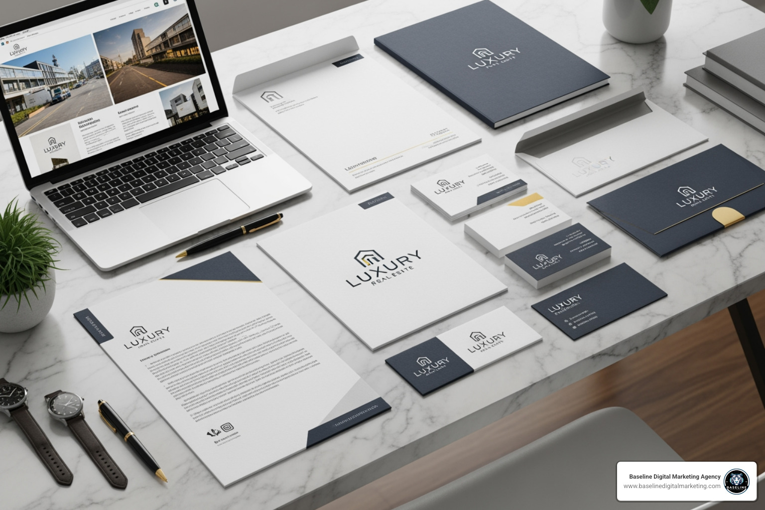 A cohesive brand identity system for a luxury real estate development showing logo, stationery, and digital assets