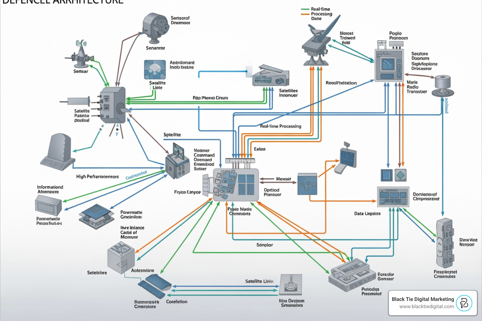 Technical architecture diagram showing system integration and data flow for a defense platform Technical architecture diagram showing system integration and data flow for a defense platform