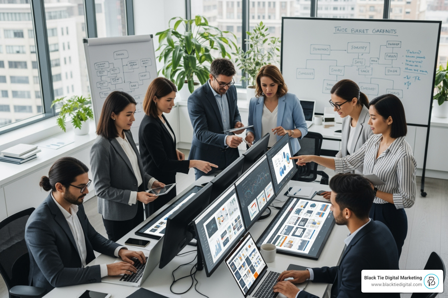 Modern marketing agency team collaborating on a digital strategy in a high-tech office environment Modern marketing agency team collaborating on a digital strategy in a high-tech office environment