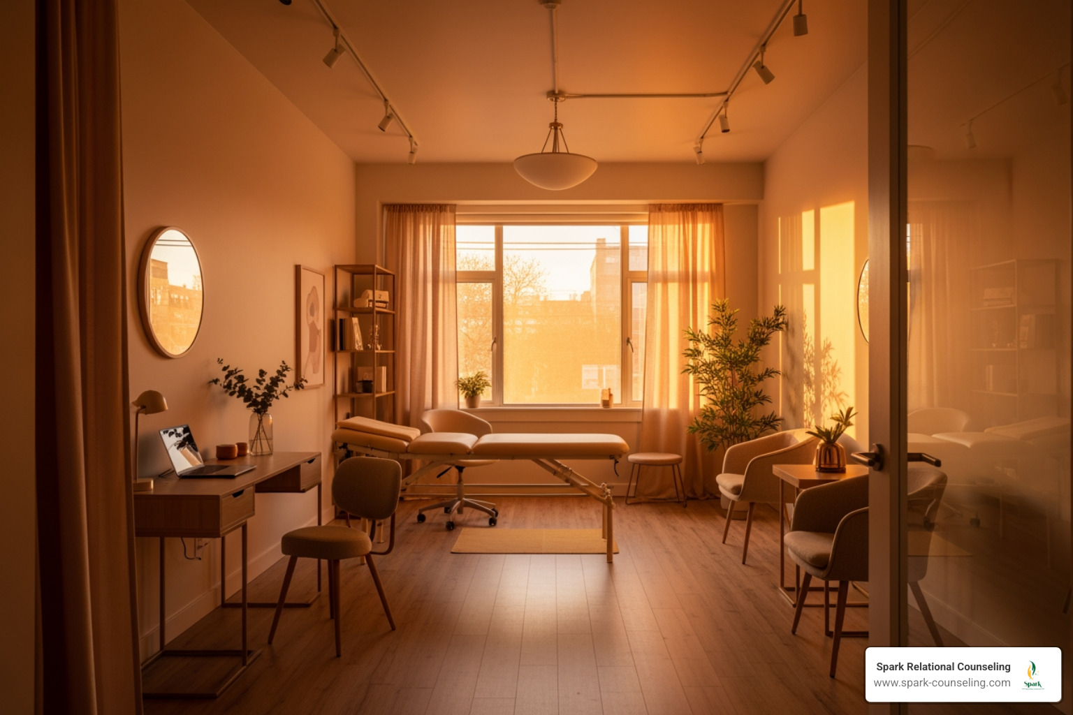 Seattle WA therapy calm office with warm amber light filtering through window Seattle WA therapy calm office with warm amber light filtering through window