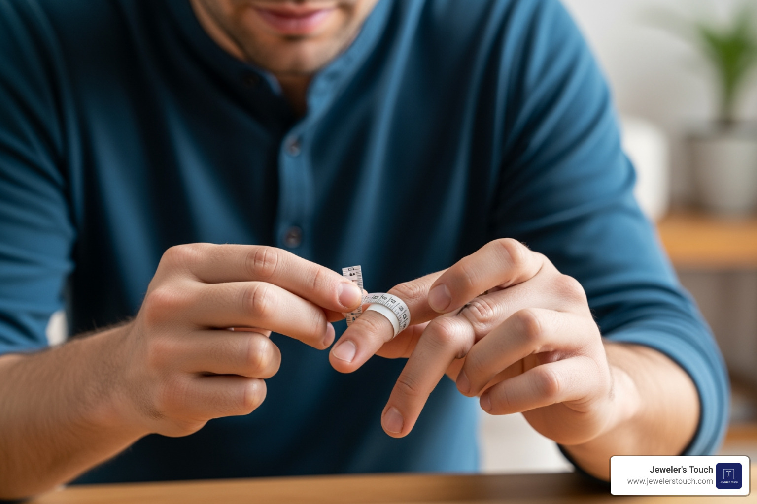 Man using a paper strip to measure his ring finger circumference Man using a paper strip to measure his ring finger circumference