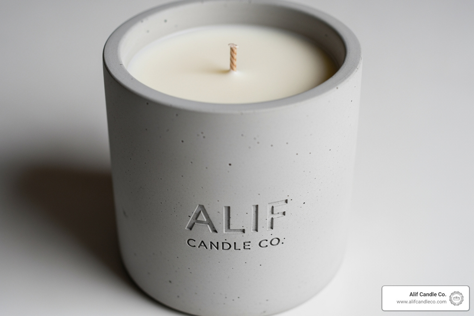 A perfectly trimmed candle wick and a full edge-to-edge melt pool in a chic concrete jar A perfectly trimmed candle wick and a full edge-to-edge melt pool in a chic concrete jar