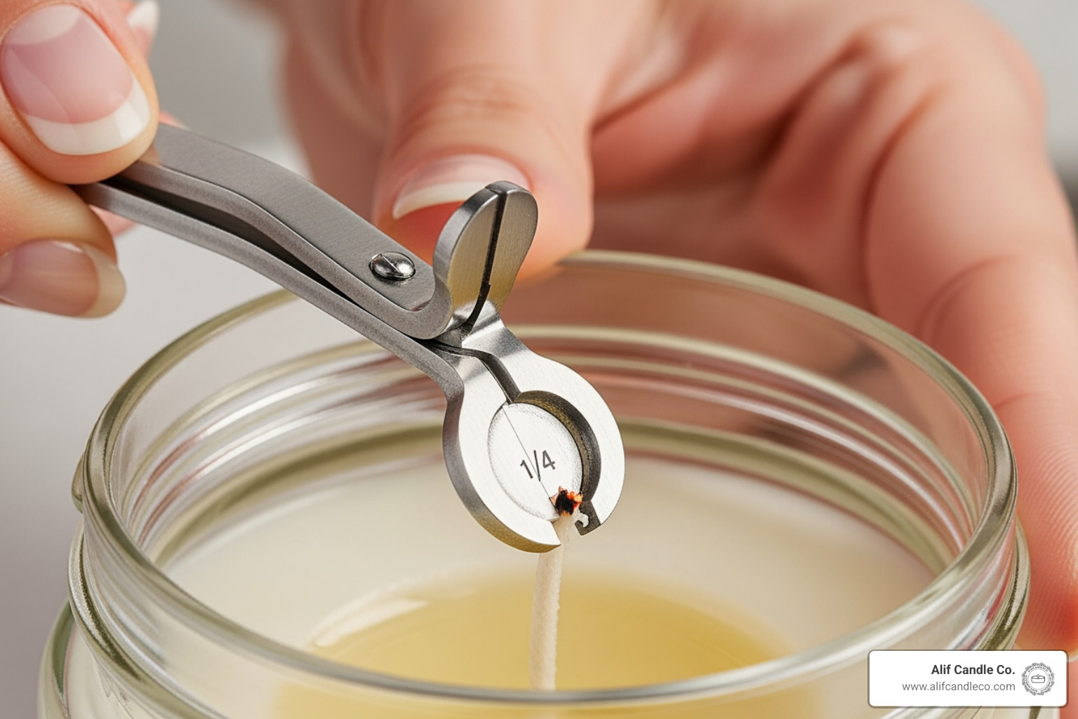 Close-up of a wick trimmer being used to maintain a candle wick at exactly 1/4 inch Close-up of a wick trimmer being used to maintain a candle wick at exactly 1/4 inch