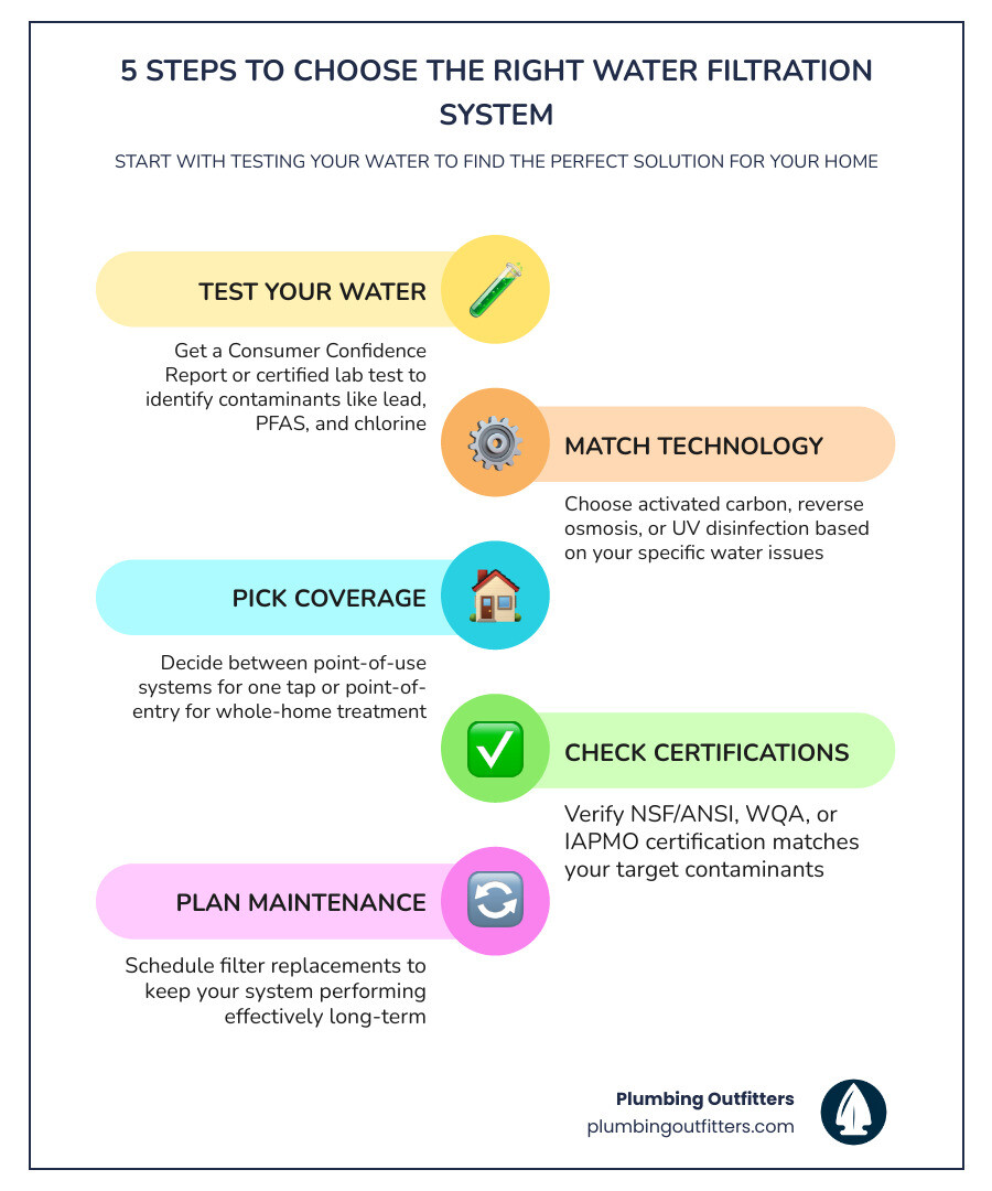 Infographic showing 5 steps to choose the right water filtration system from testing to certification infographic Infographic showing 5 steps to choose the right water filtration system from testing to certification infographic