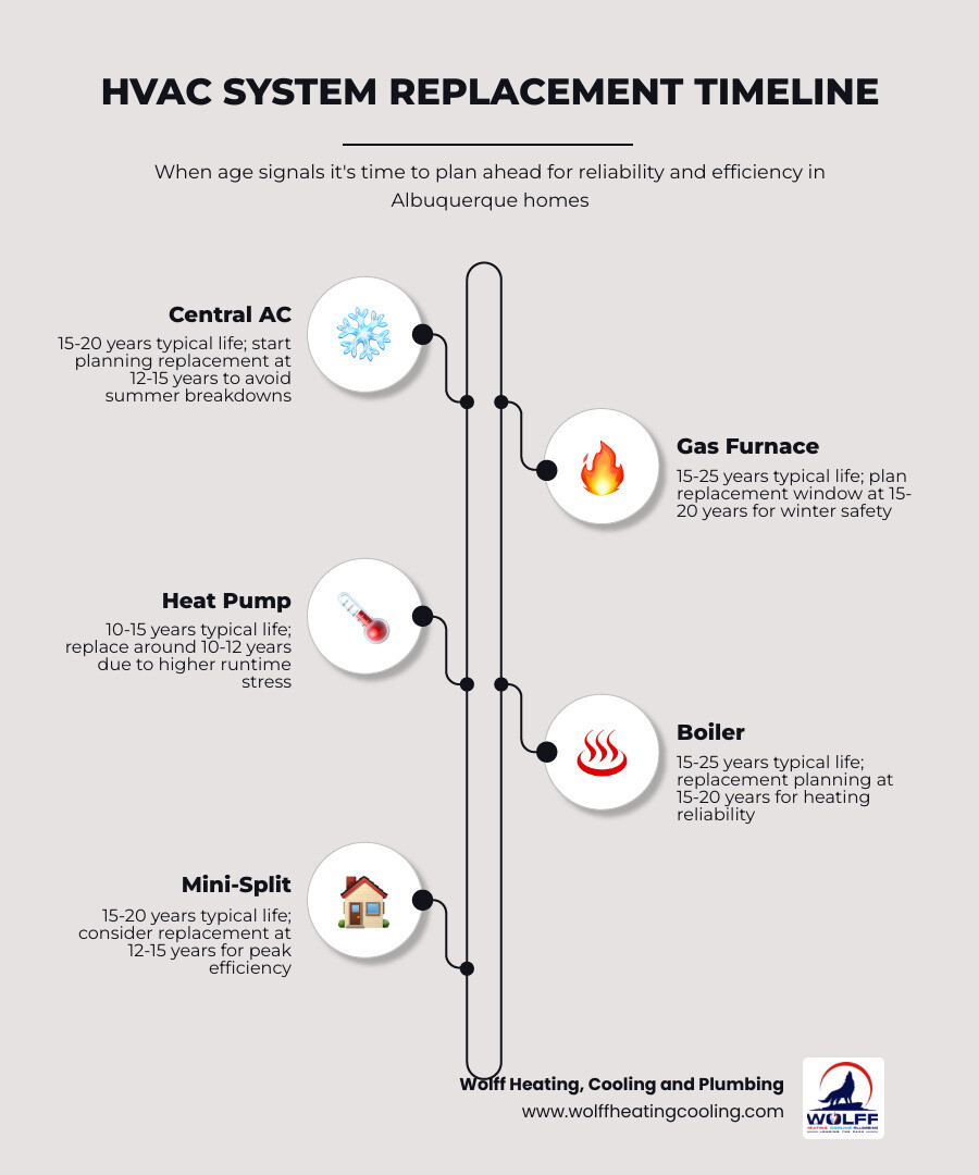 Infographic showing HVAC system age thresholds by type with replacement planning windows infographic Infographic showing HVAC system age thresholds by type with replacement planning windows infographic