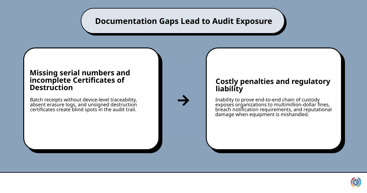 ITAD risk chain showing inventory gaps vendor failure and audit exposure infographic
