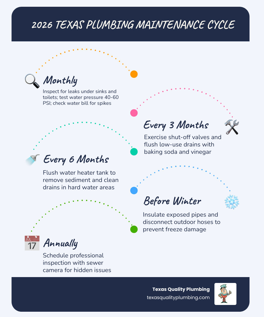 Texas plumbing maintenance cycle infographic showing monthly, seasonal, and annual tasks for homeowners infographic Texas plumbing maintenance cycle infographic showing monthly, seasonal, and annual tasks for homeowners infographic