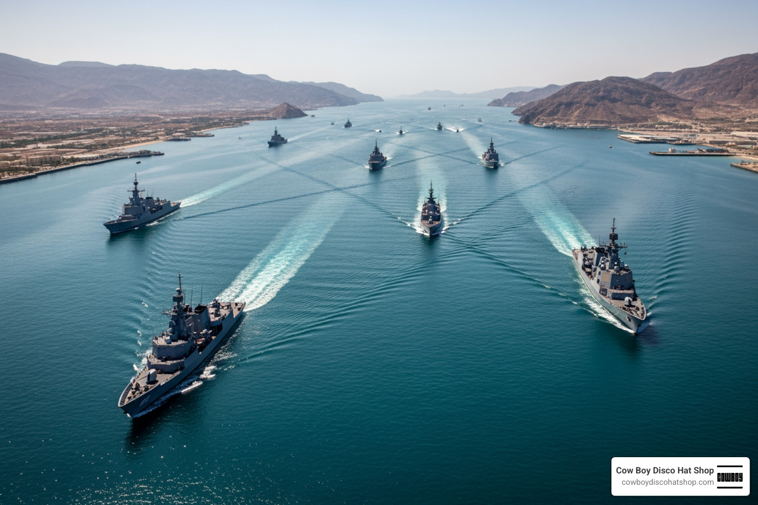 Aerial view of the Strait of Hormuz blockade showing naval vessels patrolling the shipping lanes