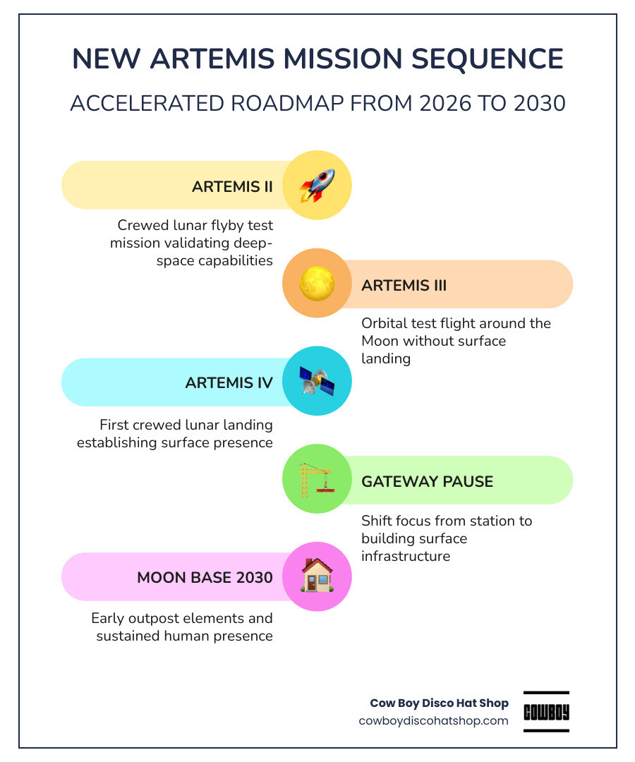 Infographic showing new Artemis mission sequence from Artemis II through IV, 2026 to 2030 infographic