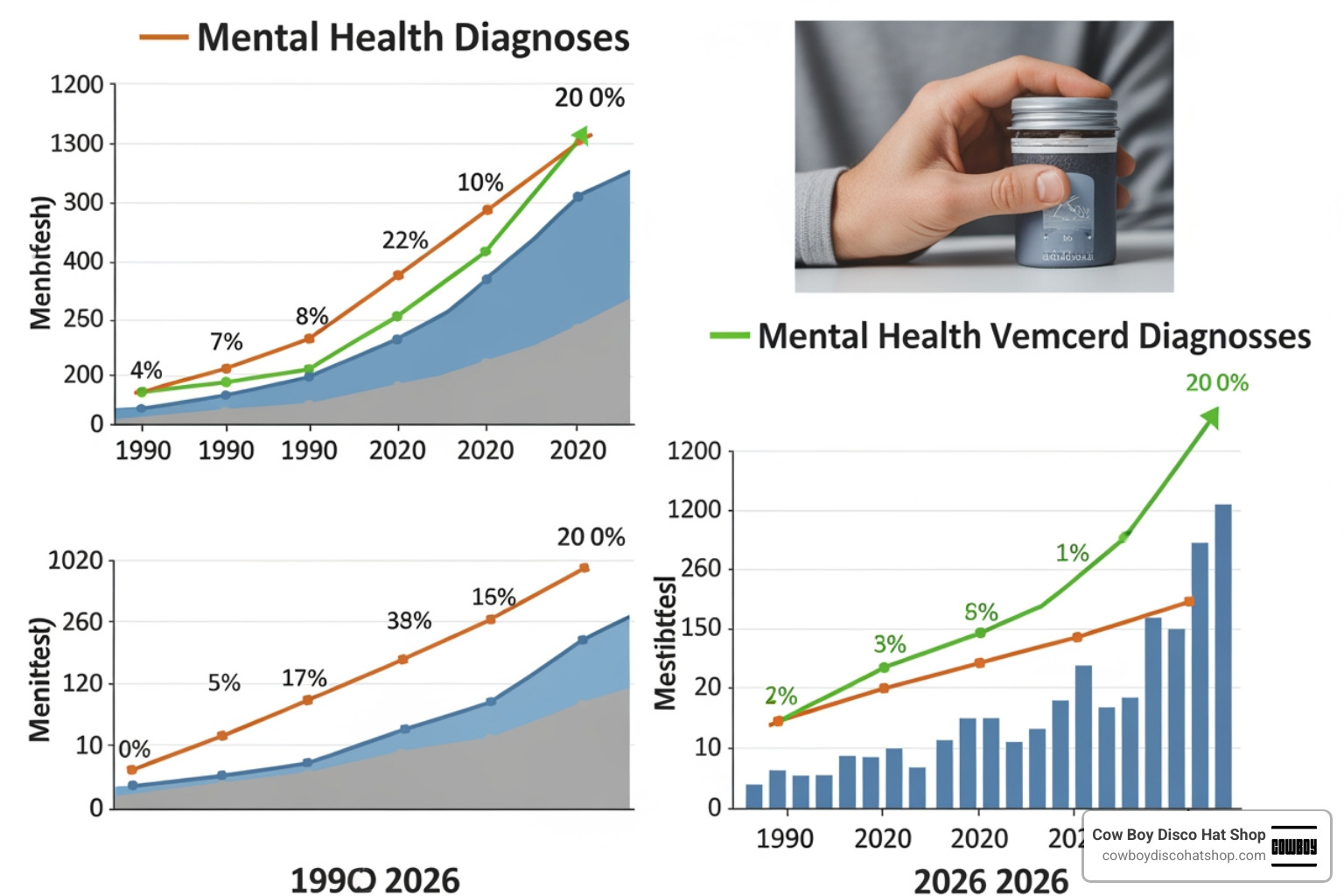 Clinical data charts showing the steady climb of mental health diagnoses from 1990 to 2026