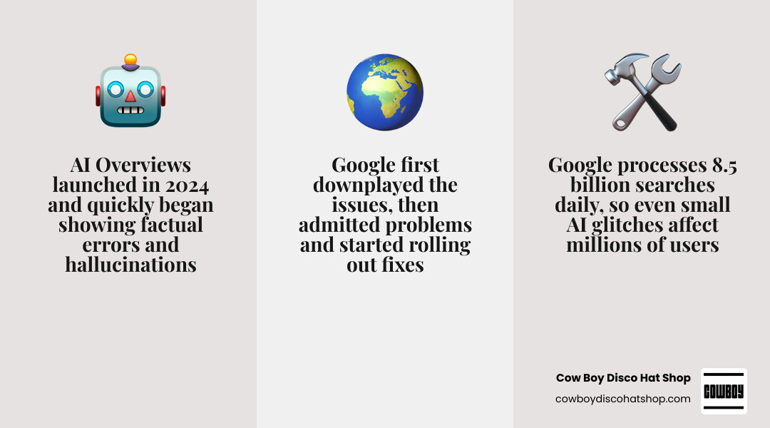 Infographic showing timeline of Google AI search errors from AI Overviews launch to May 2026 glitches infographic