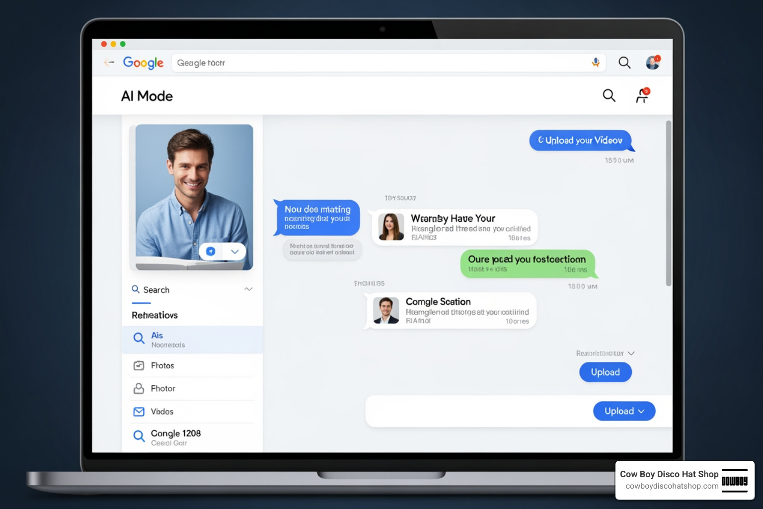The new Google AI Mode interface featuring conversational search and media uploads