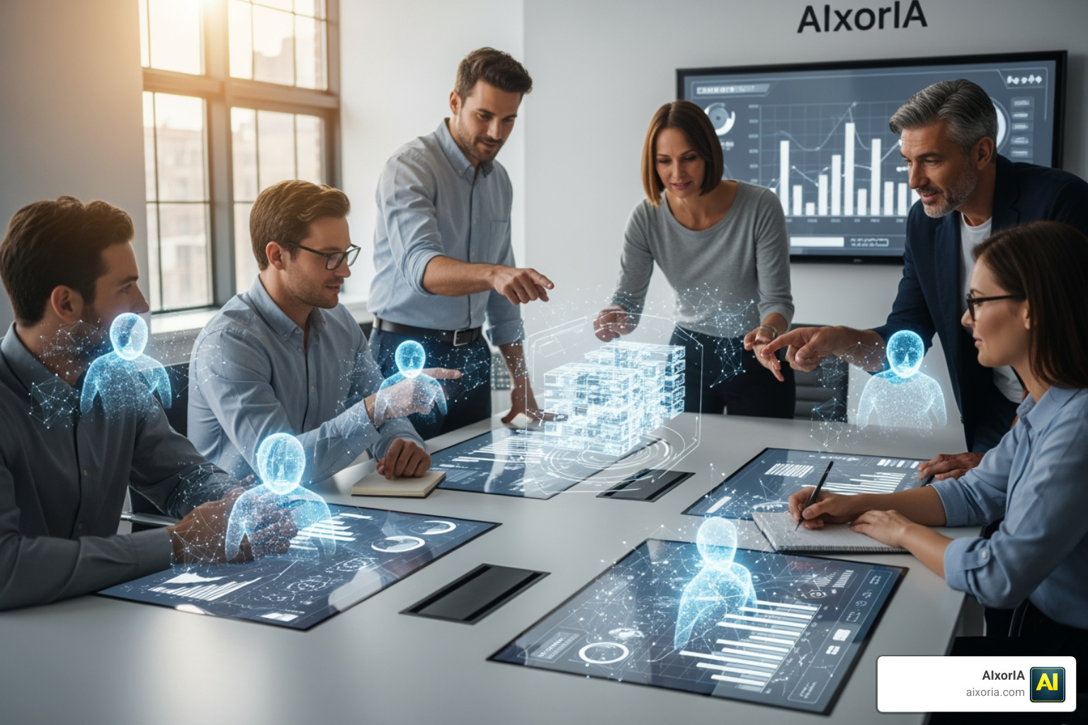 A successful business team collaborating with digital AI agent overlays in a modern office setting