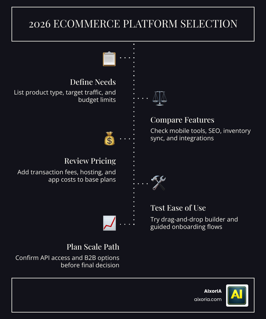 Infographic comparing top eCommerce platforms by price, ease of use, and best use case in 2026 infographic