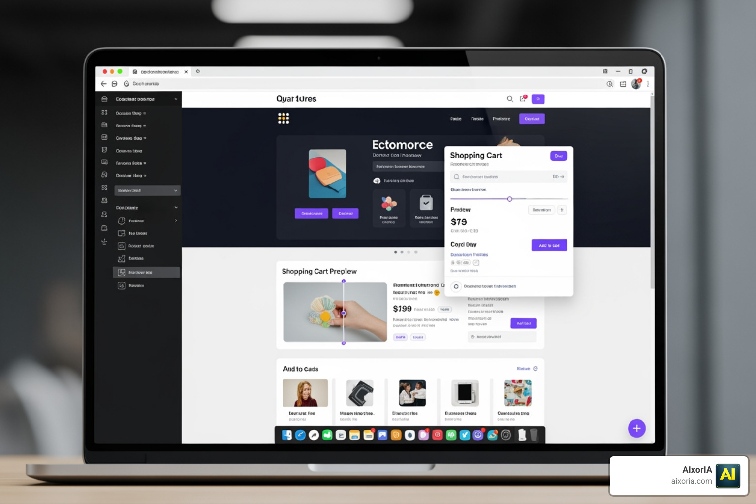 A modern drag-and-drop website editor showing real-time eCommerce site customization