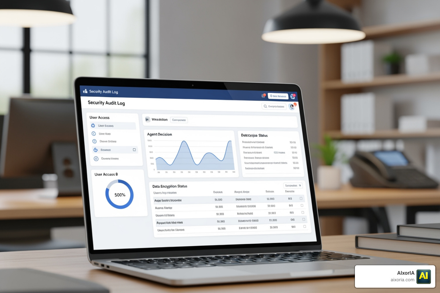Security audit log showing user access, agent decisions, and data encryption status
